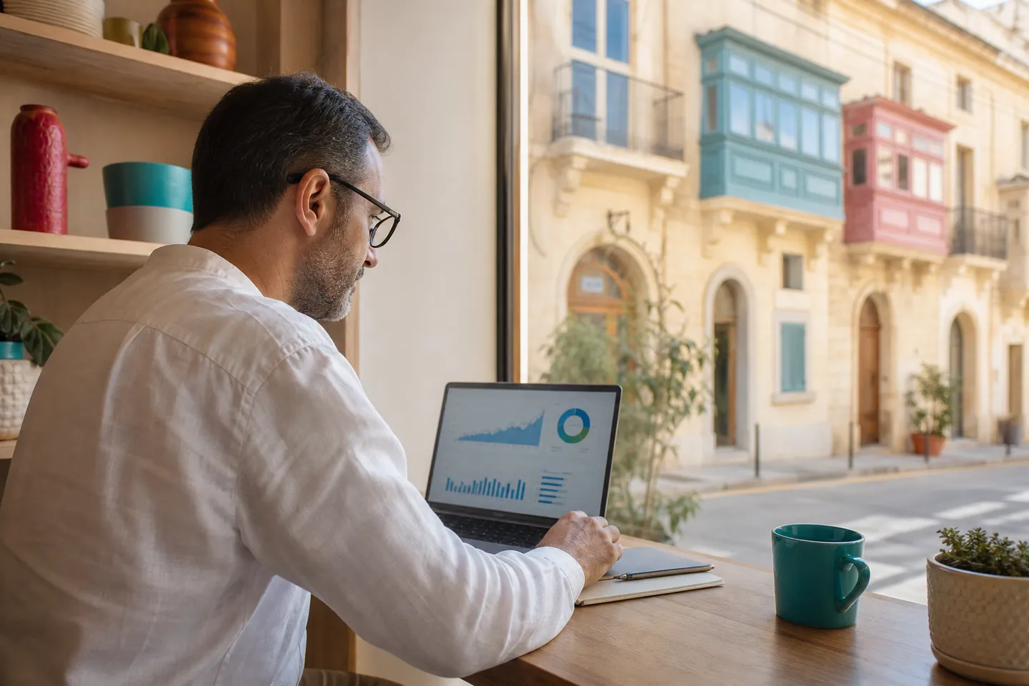 A Maltese shop owner reviewing website performance beside a limestone streetscape