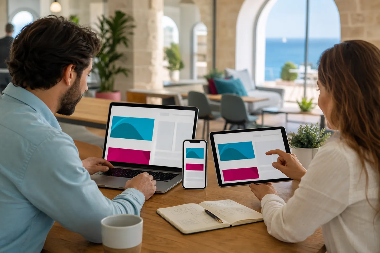 Startup founders testing a responsive website on a laptop, tablet and mobile phone